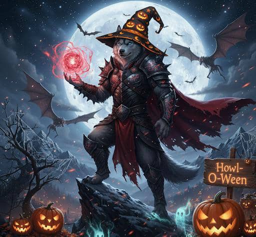 Contest graphic #6 from Howl o Ween – Armored husky wizard in a witch hat casting fiery magic on a cliffside, surrounded by ghosts, bats, and glowing pumpkins under a full moon